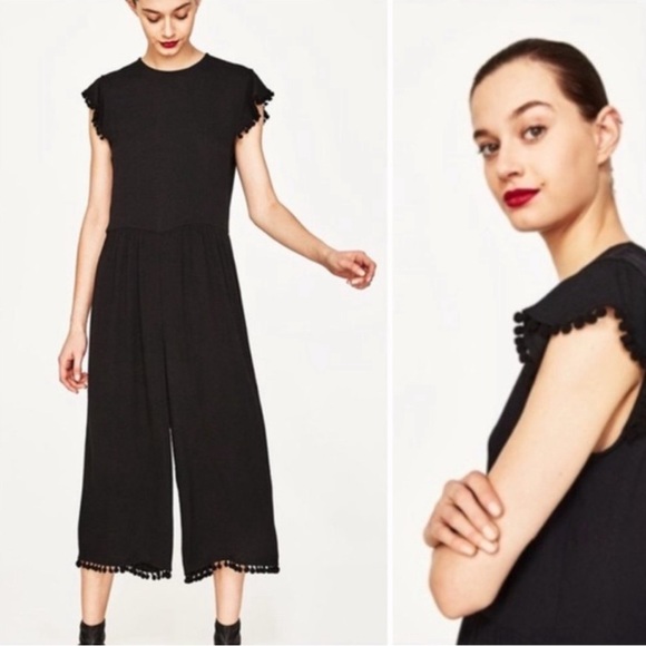 Zara black pompom cropped jumpsuit - Picture 1 of 7